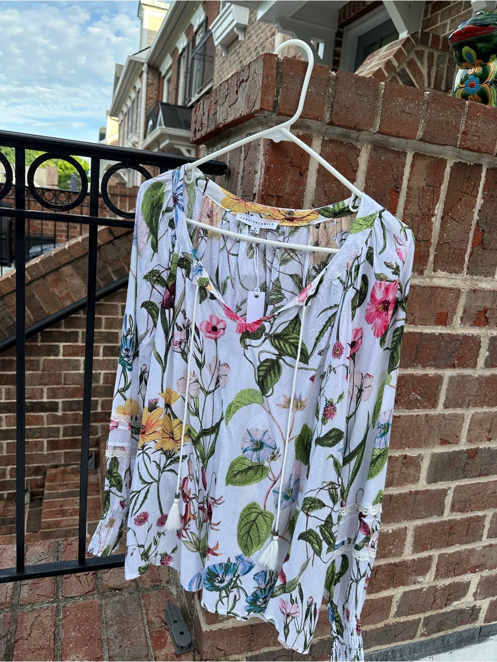 White Floral Tie-Front Smocked-Sleeve Women's Top